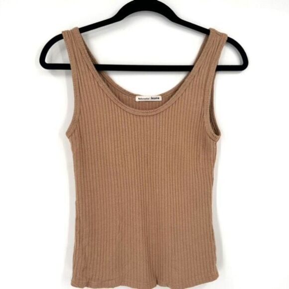 Reformation Crew Neck Ribbed Tank Top XS Tan Beige Neutral Stretch Layering - Picture 2 of 9